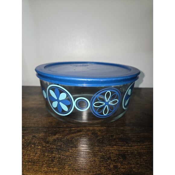 Vintage Pyrex Round‎ Glass Bowl with Lid Blue Floral Pattern 7201 - Picture 2 of 6